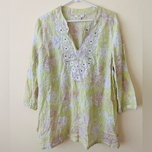 Charter Club Linen Tunic Top Chartreuse Floral  Embroidered Beaded XL